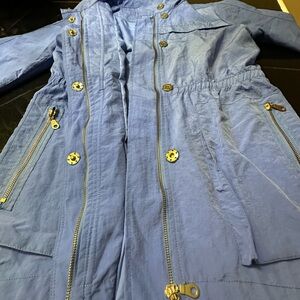 The Fillmore Blue Shimmery Hooded Windbreaker with Gold Zippers Buttons Size S